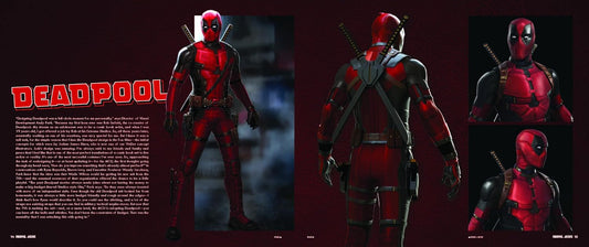 Deadpool character design with front, side, and back views on a dark background.