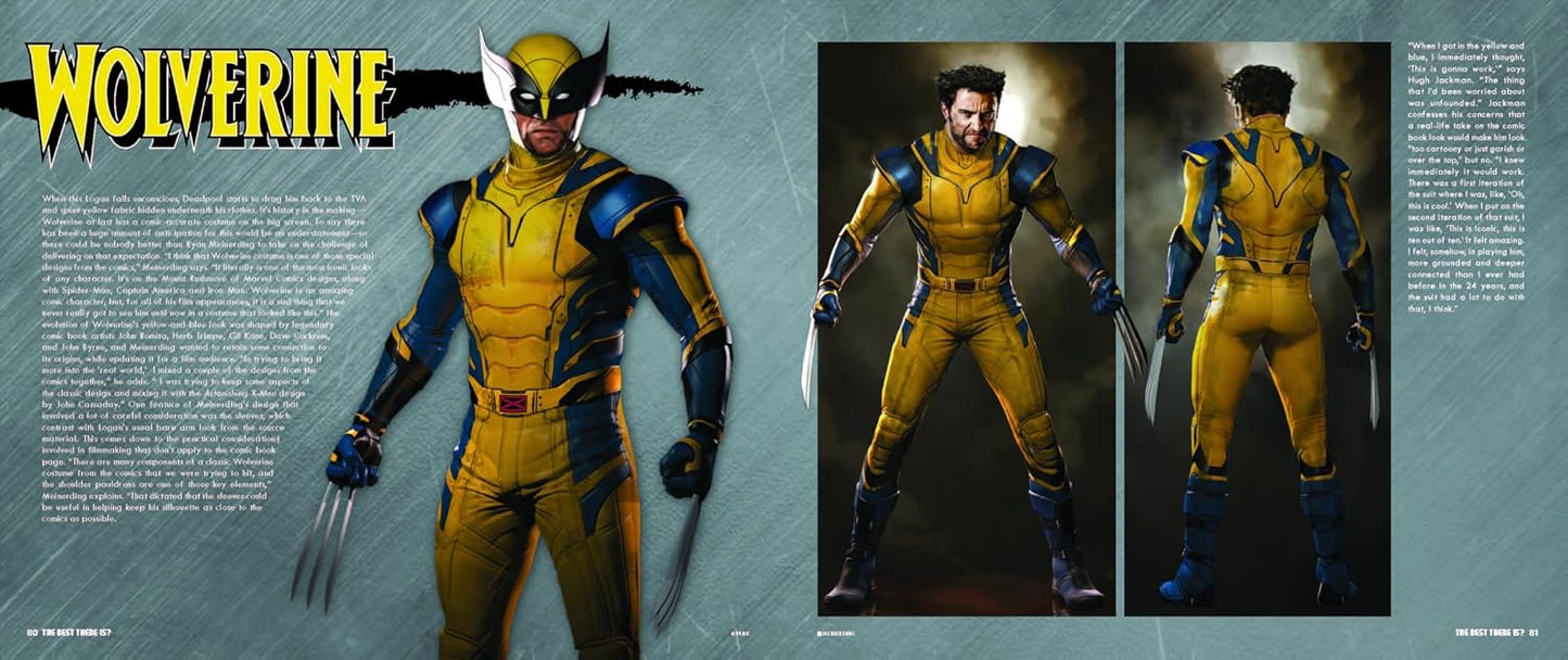 Wolverine character in yellow and blue suit with claws and knife, on a blue background.