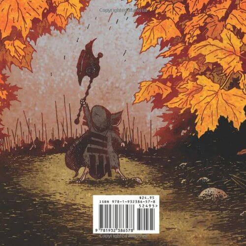 Illustration of a small creature with a umbrella standing in a forest with autumn leaves.