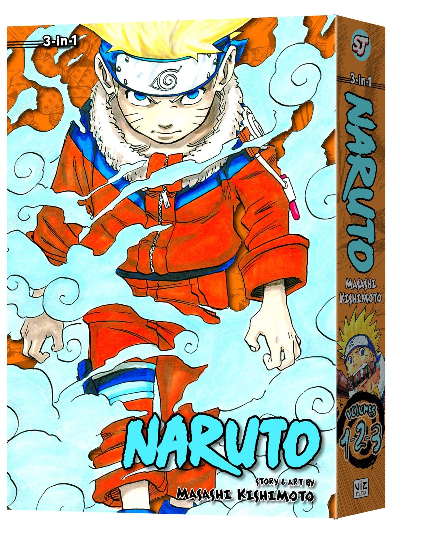 Cover of the 'Naruto' manga book featuring a colorful illustration of the main character, Naruto, with a background of smoke and dynamic lines.