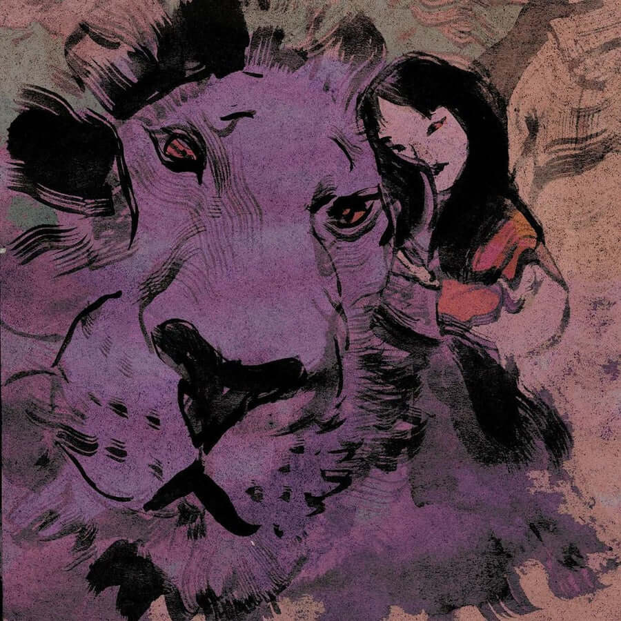 Stylized purple-toned illustration of a lion from the Nemiri Book art collection.