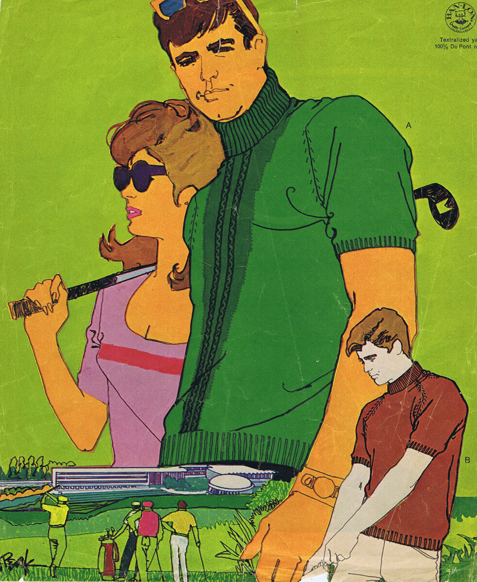 Vintage-style illustrated golf poster or print showing two large male golfers, one in green and one in red, with smaller figures and a golf course scene below on a bright green background.