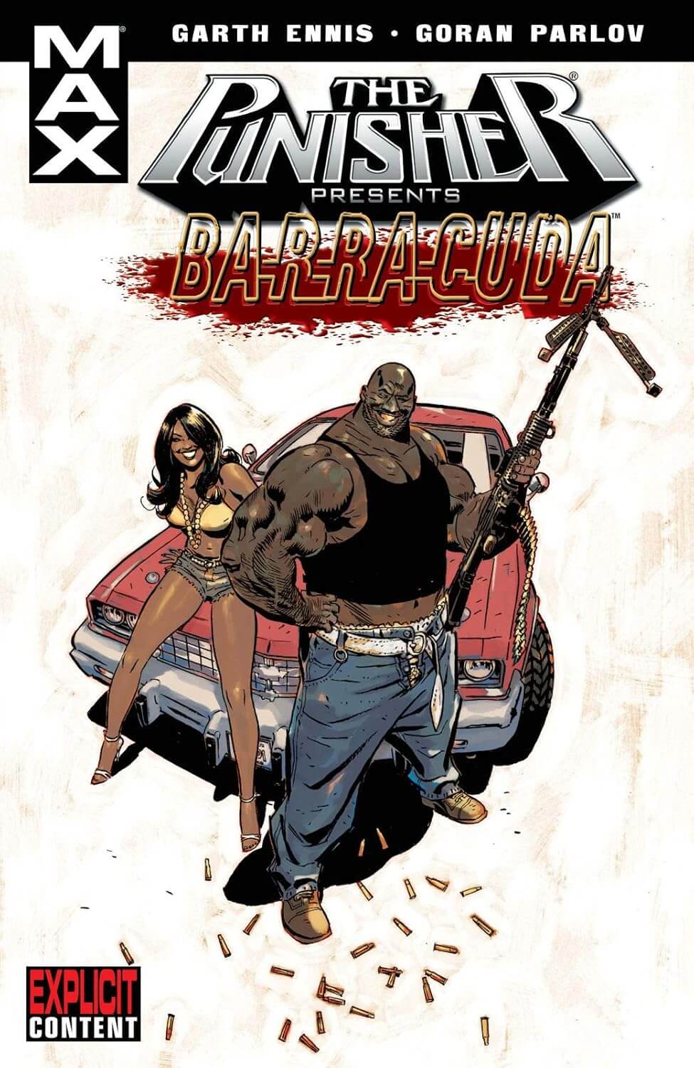 Graphic novel punisher cover featuring a man and woman in front of a car with 'The Punisher' branding.