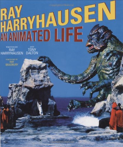 Book cover of 'Ray Harryhausen: An Animated Life' with a creature and people on rocks.