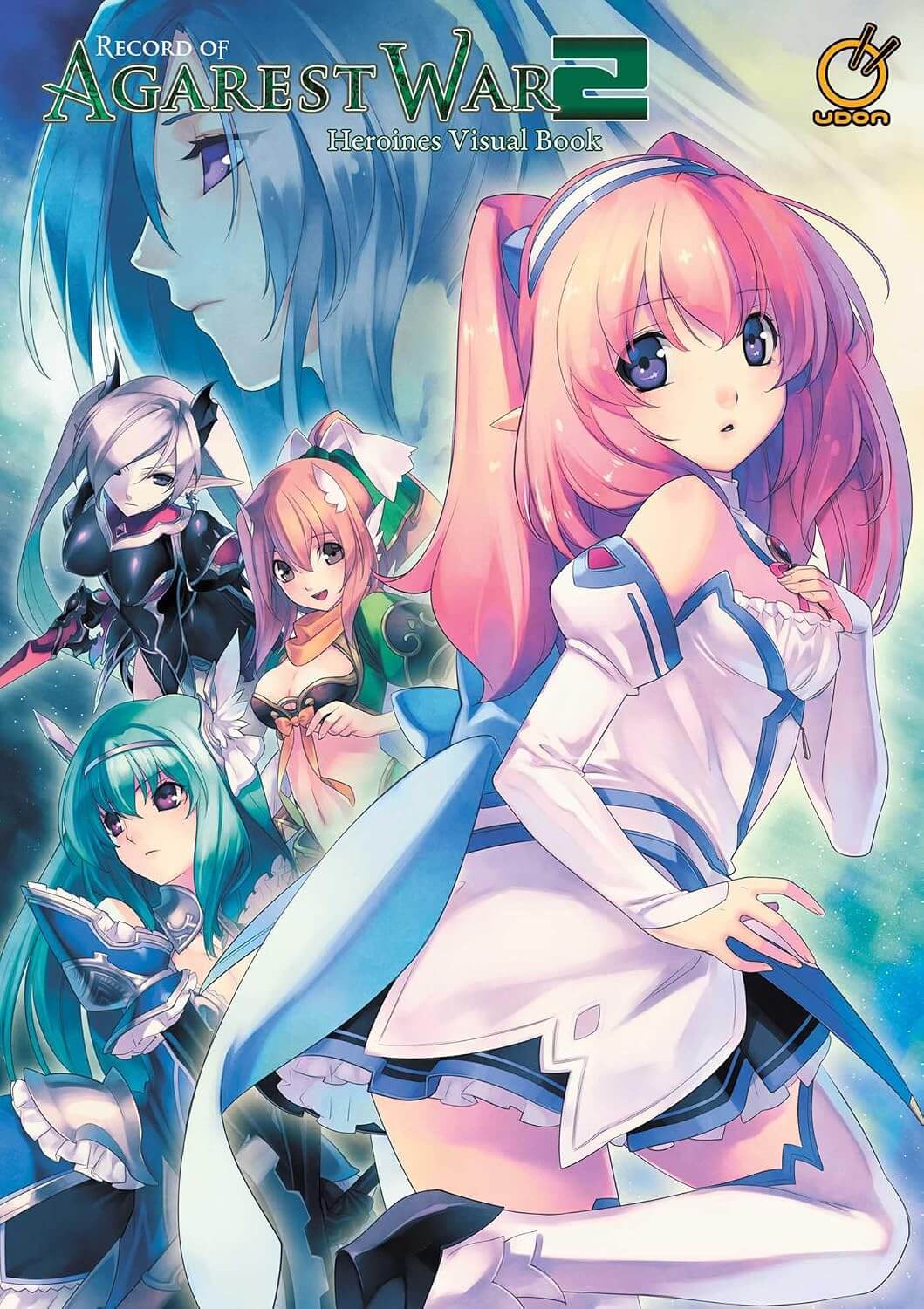 Front cover of the anime visual book 'Record of Agarest War 2: Heroines Visual Book' published by LGCN. The cover features colorful anime illustrations of female characters in school uniforms against a blue and white background.