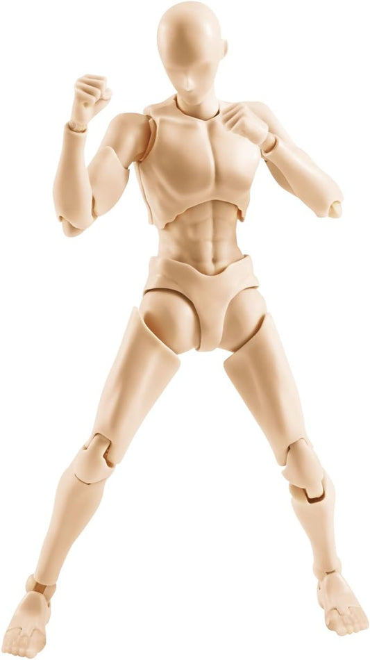 A beige articulated plastic female figure with a headless torso, posed in a fighting stance against a solid white background.