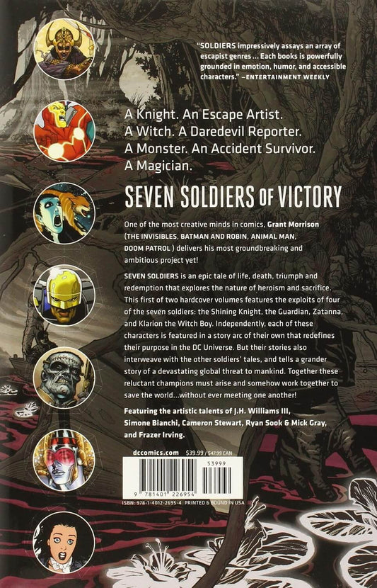 The back cover of the book 'Seven Soldiers of Victory' showing the title, author Grant Morrison's bio, a barcode, and several circular character illustrations on a dark illustrated background.