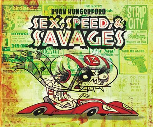 Art book 'Sex, Speed & Savages' and a graphic design on a colorful background.