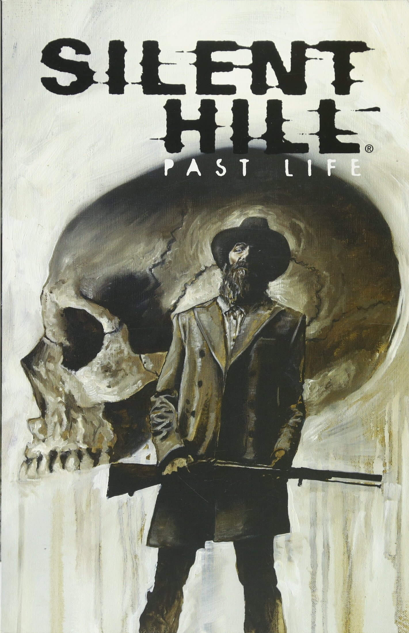 Cover of the comic book 'Silent Hill: Past Life', featuring a black and white illustration of a man in a suit with a gun, with a skull in the background.