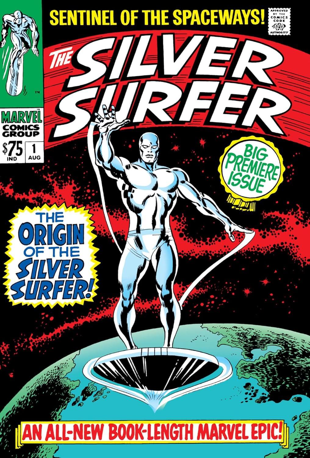 omnibus book cover for Marvel's The Silver Surfer, featuring the character in a metallic silver suit standing on a surfboard above a planet against a red and black space background.