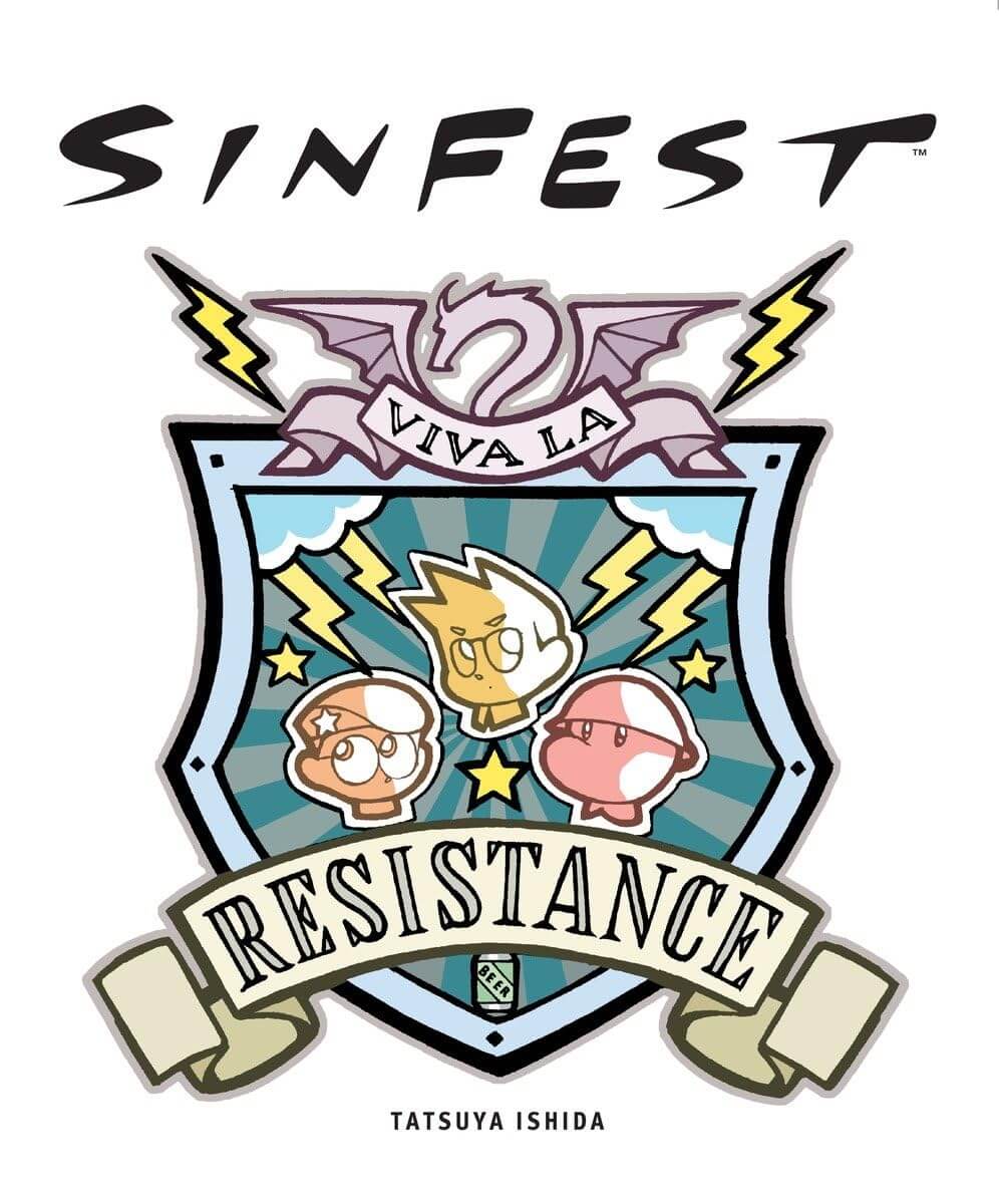 A graphic design featuring the word 'SINFEST' at the top, a stylized crest with the words 'VIVA LA RESISTANCE' on banners, and the name 'TATSUYA ISHIDA' at the bottom, all on a white background.