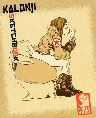 A stylized illustrated book cover or poster reading 'KALONJI SKETCHBOOK' with a seated cartoon woman in a tan jacket, white pants, and brown boots on a beige halftone background. A red 'COMIX BURO' logo appears in the lower right.