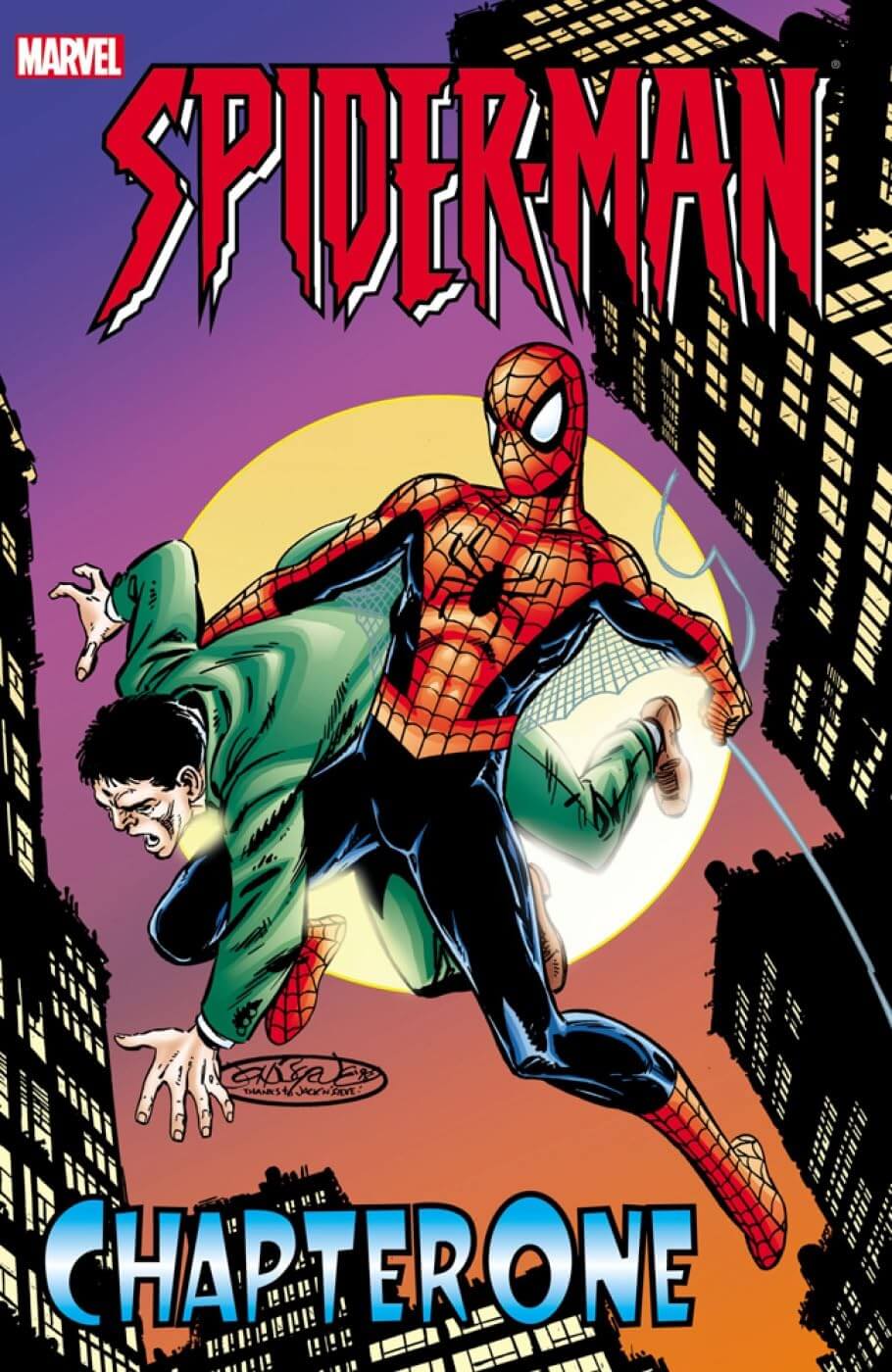 Comic book cover for Marvel's Spider-Man: Chapter One, featuring Spider-Man swinging through a city with a green-clad figure behind him, large red 'SPIDERMAN' title at the top, and blue 'CHAPTER ONE' text at the bottom.