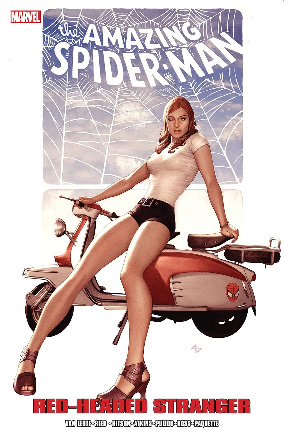 Marvel's The Amazing Spider-Man: Red-Headed Stranger comic book cover featuring a retro-style illustration of a woman with red hair sitting on a red and cream scooter against a white background with spiderweb graphics.
