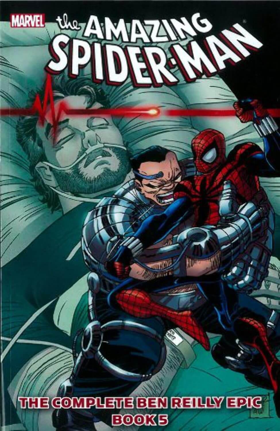 Marvel's The Amazing Spider-Man: The Complete Ben Reilly Epic Book 5 comic book cover, featuring Spider-Man and Venom in a dynamic battle scene with a red heartbeat line across the top.