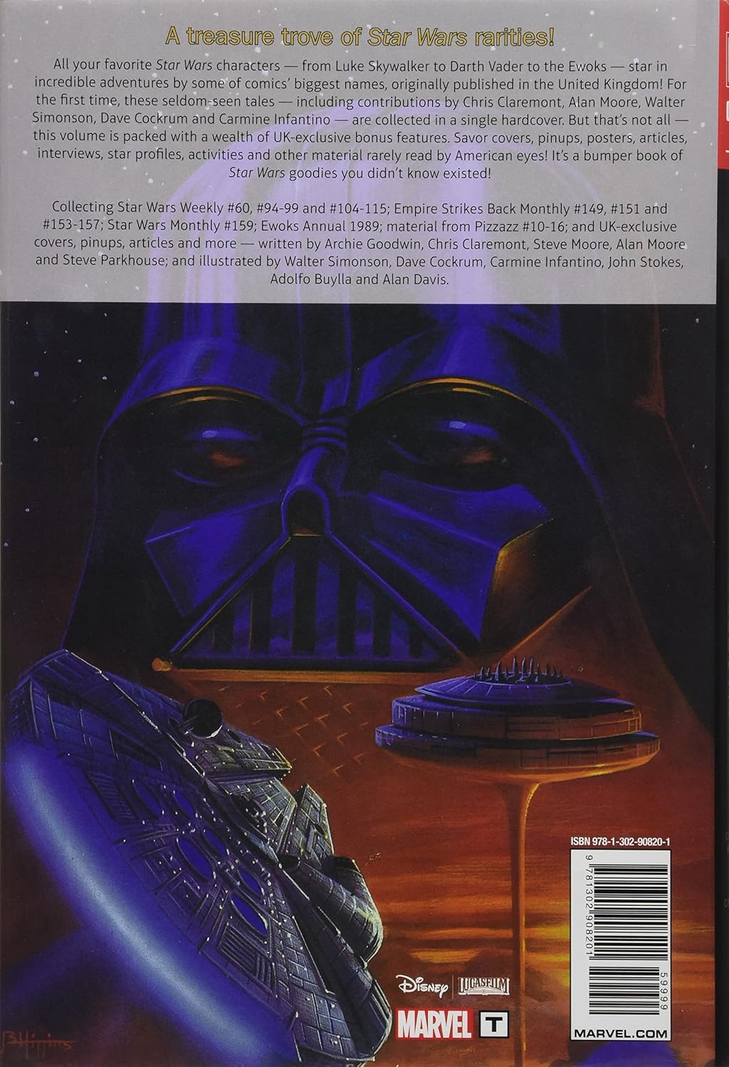 Back cover of Star Wars: A Treasure Trove of Star Wars merchandising material, featuring Darth Vader in blue and purple tones against a dark space background, with text, a barcode, and Marvel and Disney logos.