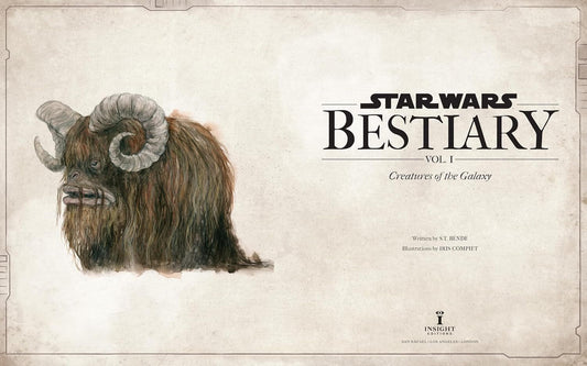Book cover for Star Wars Bestiary Vol. 1: Creatures of the Galaxy, featuring a detailed illustration of a shaggy brown ram-like creature on a textured parchment-style background with the title text on the right.