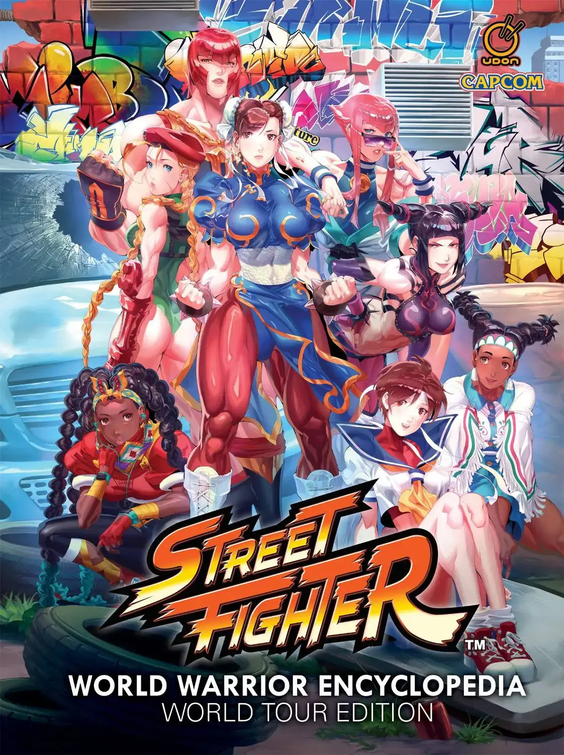 Cover art for 'Street Fighter World Warrior Encyclopedia', featuring a collage of various characters from the Street Fighter video game series.