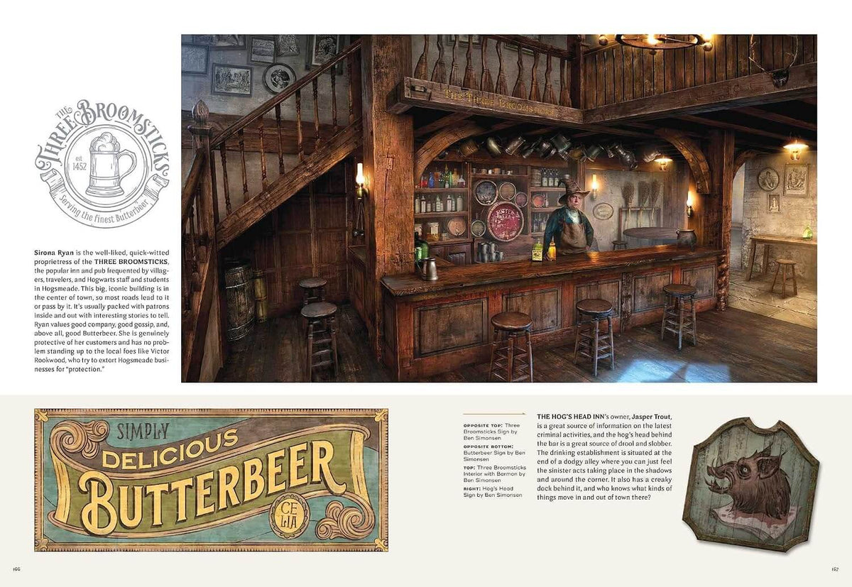 A printed design sheet or poster layout featuring a large rustic bar interior illustration, a circular 'Simply Broommats' logo, decorative 'Simply Delicious Butterbeer' artwork, and small text panels on a cream background.