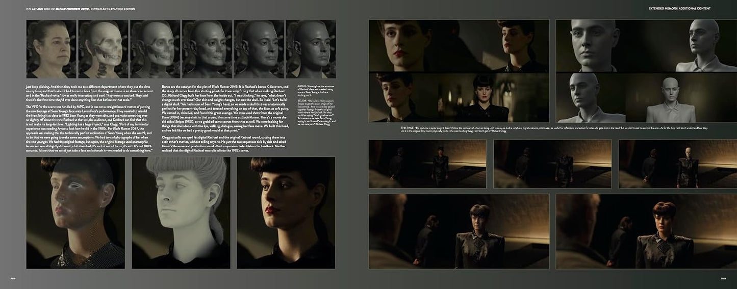 A two-page spread from a dark-themed portfolio or book, featuring multiple grayscale and cinematic portrait renderings of a man, along with blocks of text on a dark gray background.