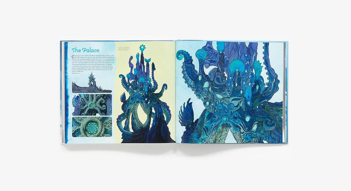 An open art book or magazine spread on a light gray background, featuring detailed blue fantasy architectural illustrations and text panels under the heading 'The Palace'.