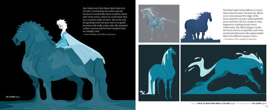 A two-page spread of an art book or design catalog featuring stylized blue and teal illustrations of a horse and rider, with text blocks on a black background.