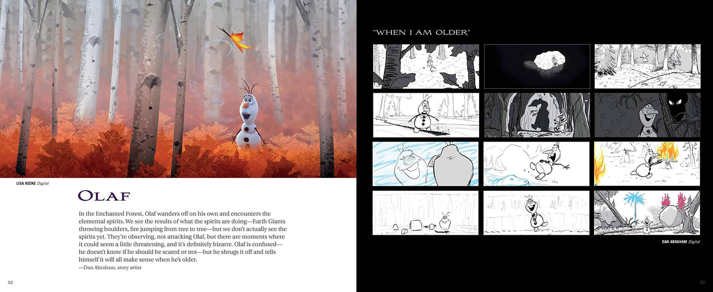A printed book or magazine spread featuring an illustrated forest scene with a small snowman character on the left page and a black-and-white storyboard grid on the right page, with the title 'OLAF' visible.