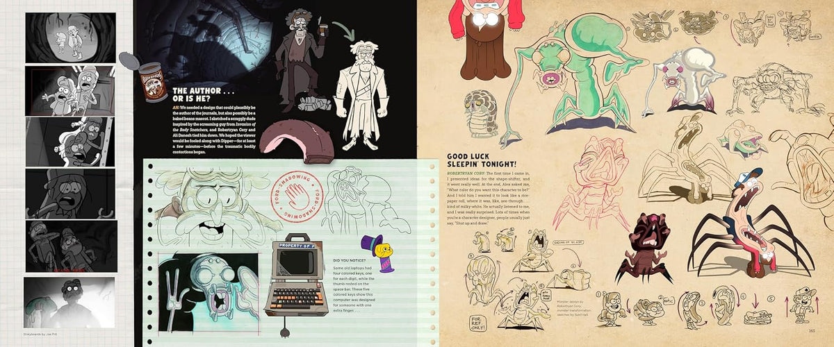 A collage-style artwork showing multiple comic-book or animation sketch pages, character designs, dialogue panels, and concept drawings arranged side by side on a light background.