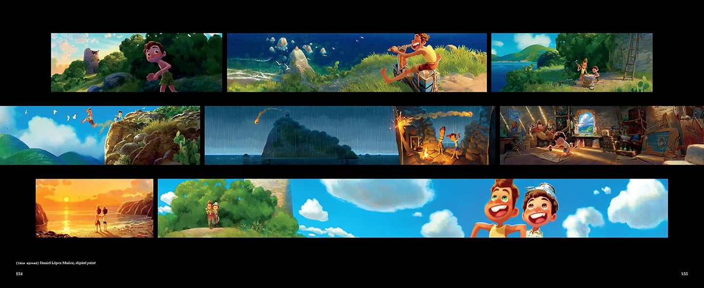 A collage of multiple colorful illustrated panels showing outdoor scenes, characters, and environments, arranged in a grid on a black background.