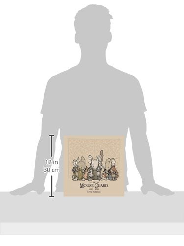 A size reference graphic showing a human silhouette with arms outstretched, with a small Mouse Guard book centered against the torso and a vertical measurement marker labeled 12 in / 30 cm beside it.