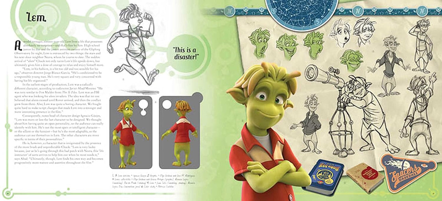 A printed or illustrated character concept page featuring a green-skinned character in a red shirt, surrounded by rough sketches, dialogue bubbles, and small costume/prop thumbnails on a light green and beige layout.