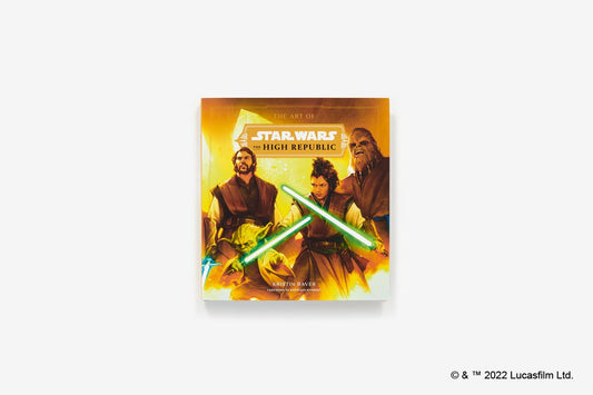 A square Star Wars: The Rise of the High Republic art print or poster centered on a light gray background, featuring characters with green lightsabers crossed over a warm yellow-orange scene. Lucasfilm copyright text appears in the bottom right corner.