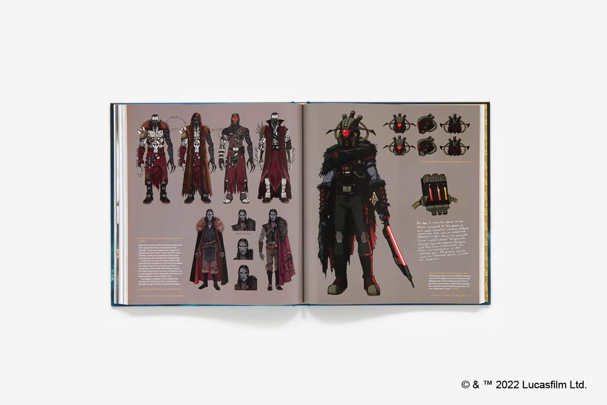 An open book displaying character concept art and costume designs, featuring multiple full-body and partial views of a dark armored warrior with red glowing eyes and a red blade, set against a plain light gray background.