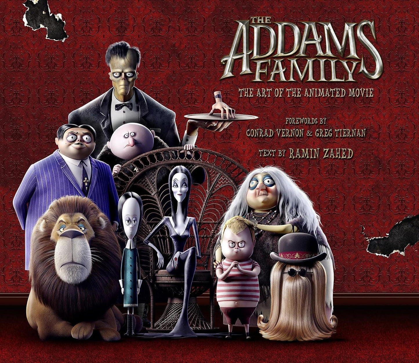 Cover of 'The Addams Family: The Art of the Animated Movie' with characters from the Addams Family on a red background.