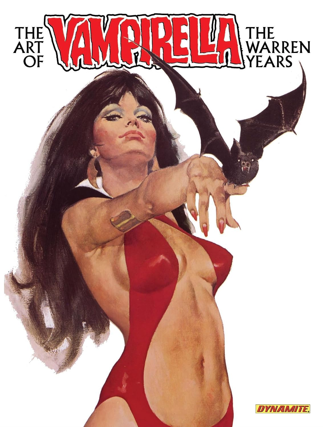 Cover of 'The Art of Vampirella: The Warren Covers' featuring a woman in a red outfit with a bat-like emblem, posing with one hand extended.