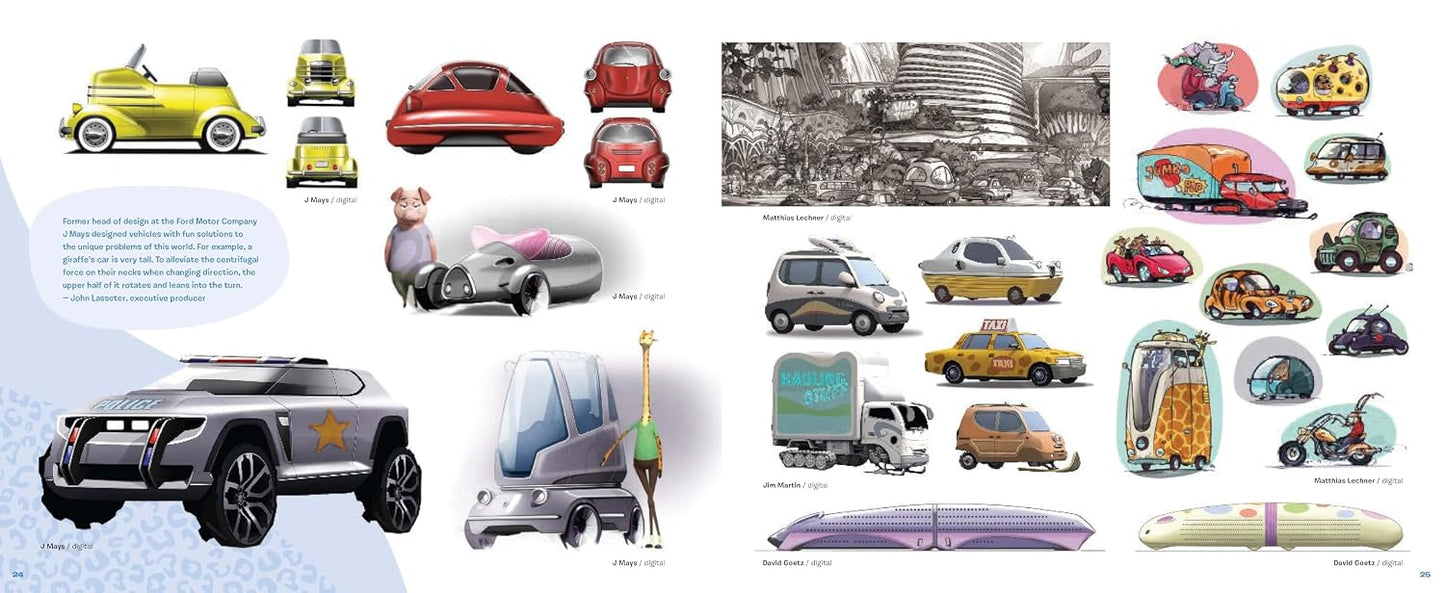 A collage-style design portfolio page showing multiple futuristic and conventional vehicle concepts, including cars, trucks, and a train, with small illustrations, sketches, and text blocks on a white background.