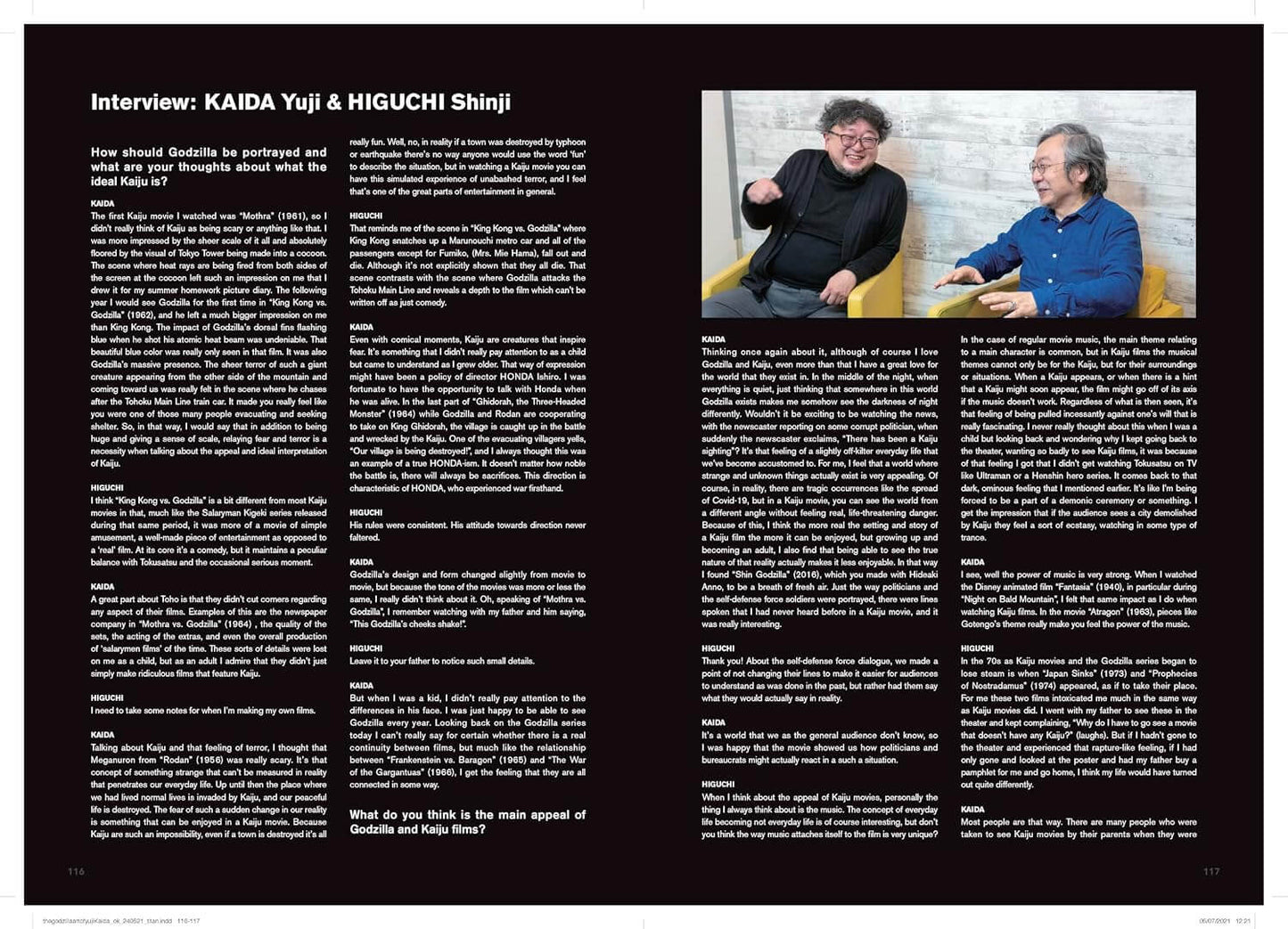 A printed magazine or book page spread with a dark background, featuring an interview interview with Kaida Yuji and HIGUCHI Shinji, plus a small inset photo of the two seated and conversing.