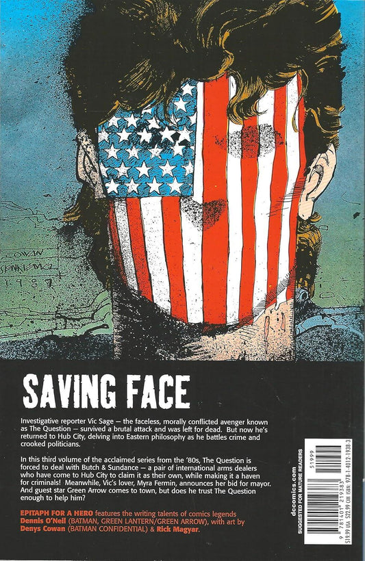The back cover of the graphic novel 'Saving Face' Volume 3, featuring a stylized illustration of a man's back with an American flag pattern, set against a dark background with white title text and a barcode.