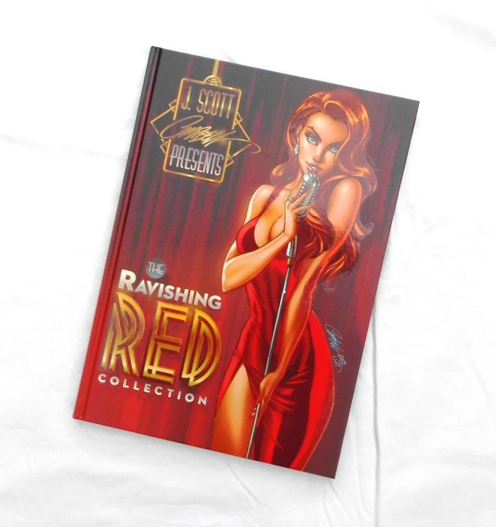 A hardcover book titled 'The Ravishing Red Collection' by J. Scott, presented on a white fabric background.