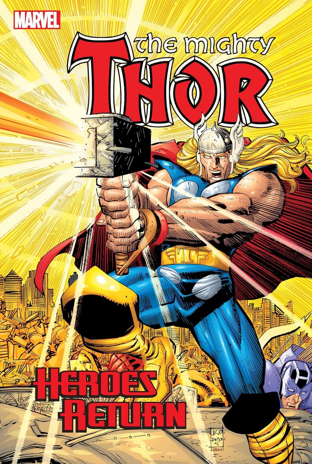 Marvel's The Mighty Thor: Heroes Return comic book cover, featuring Thor in his classic blue and red costume holding Mjolner, with a yellow burst background and a cityscape below.