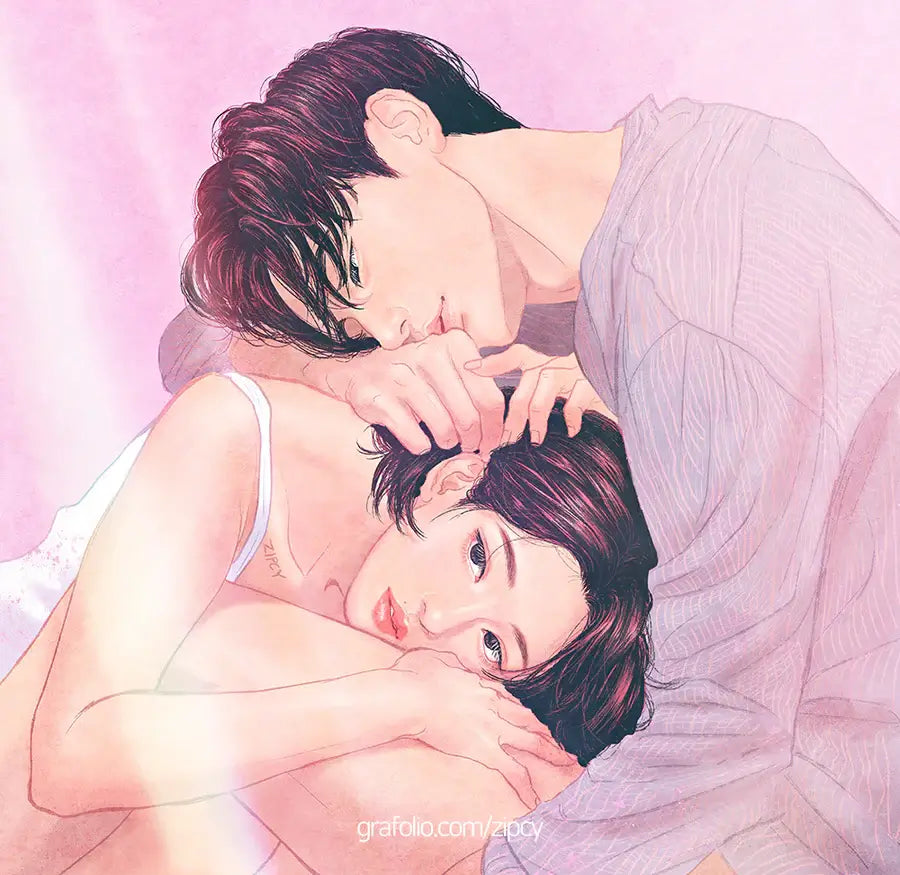An anime-style illustration of a romantic couple embracing closely in bed, with soft pink lighting and a pastel pink background. from touch by zipcy