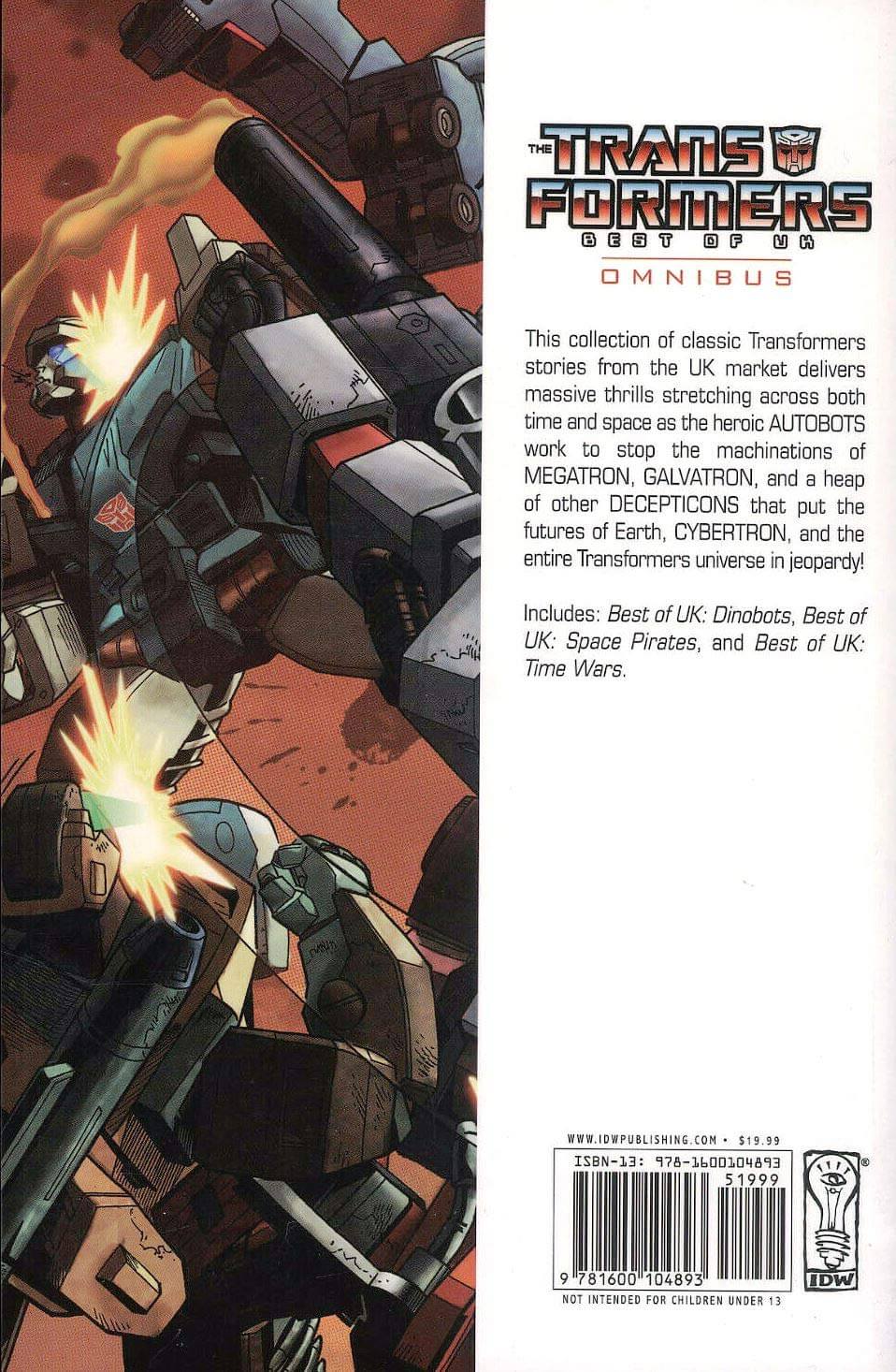 Transformers Best of UK Omnibus back cover showing descriptive synopsis text, barcode, and publisher info.