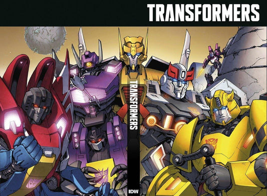 Transformers comic book cover featuring multiple robot characters from the Transformers franchise, including red, purple, yellow, and silver figures, with the word 'TRANSFORMERS' at the top and the IDW logo at the bottom.