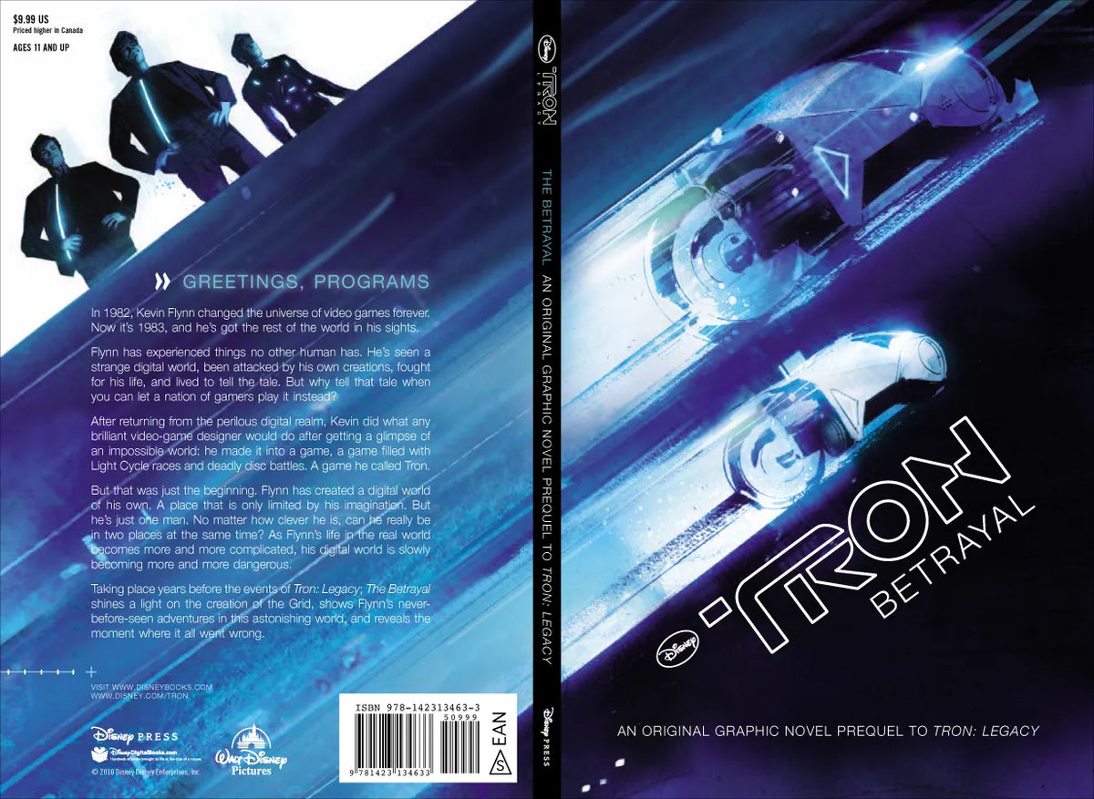 Front and back book covers for 'Tron: Betrayal' displayed side by side on a white background. The cover art features a blue and purple digital space theme with a spaceship and the title 'Tron Betrayal' in large white text.
