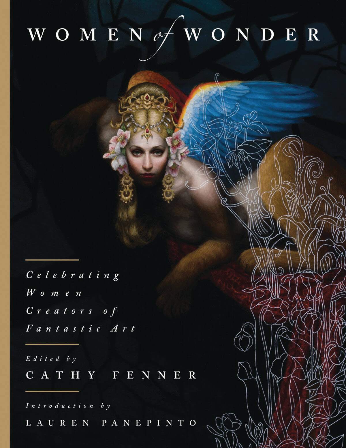 Book cover for 'Women of Wonder: Celebrating Women Creators of Fantastic Art' edited by Cathy Fenner, featuring a dark fantasy illustration of a winged female figure with ornate gold headpiece and blue wings against a black background.