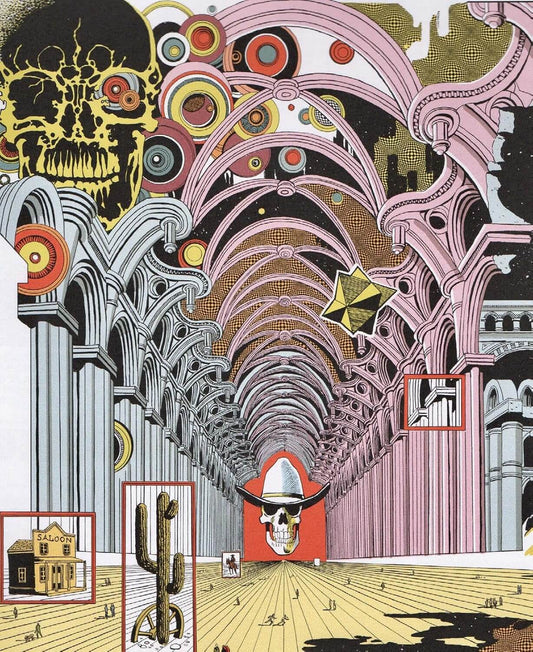 A surreal architectural artwork showing a long tunnel or cathedral-like hall with pink and gray arches, circular target motifs, a large skull in the upper left, a red skull figure at the tunnel end, a cactus, a small house, and several red-outlined boxes highlighting details.