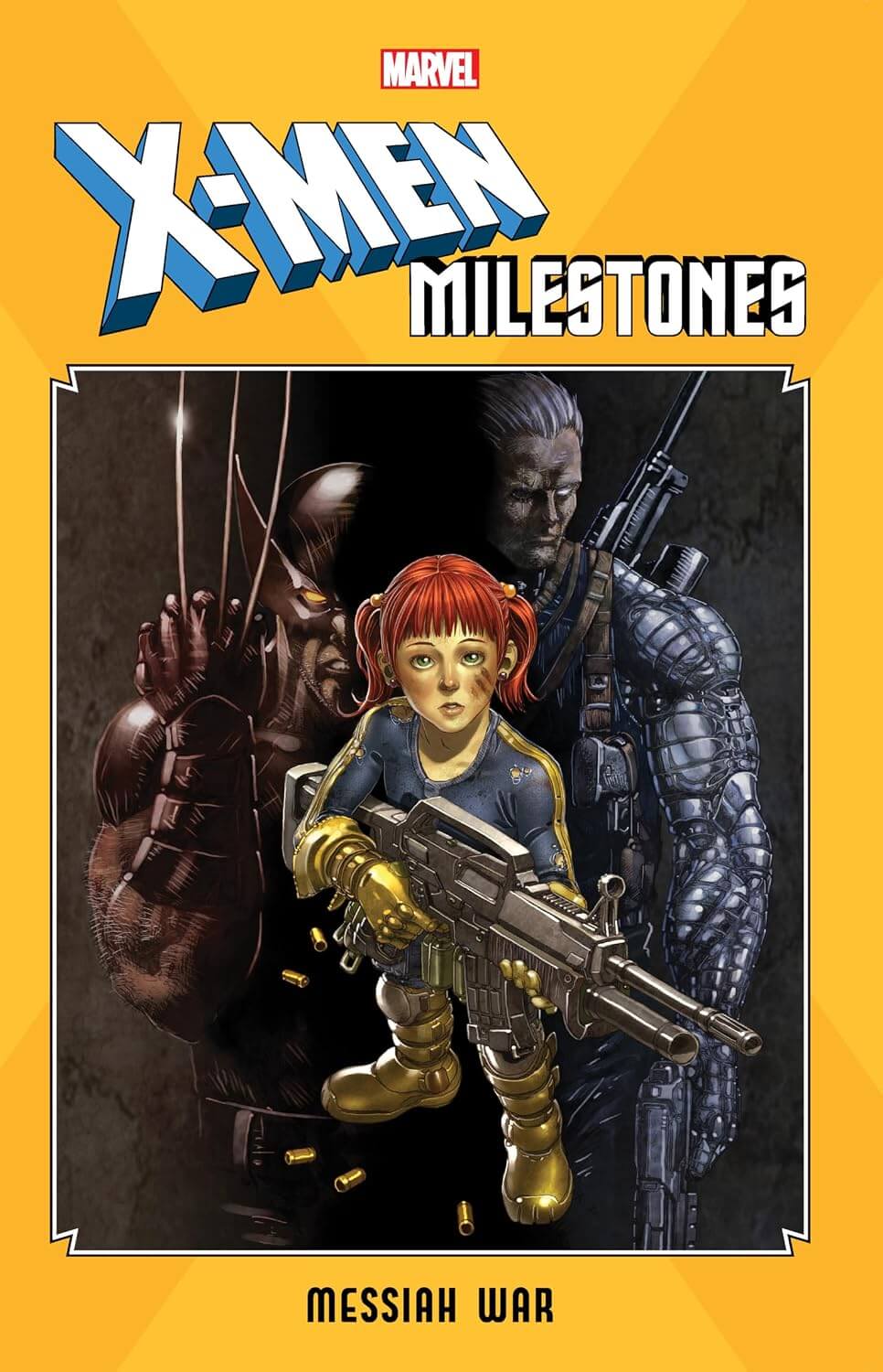 Front cover of the Marvel X-Men Milestones comic book, featuring a bright yellow border with the Marvel logo and large X-Men title, plus illustrated cover art of a young red-haired character holding a gun in front of darker armored figures.