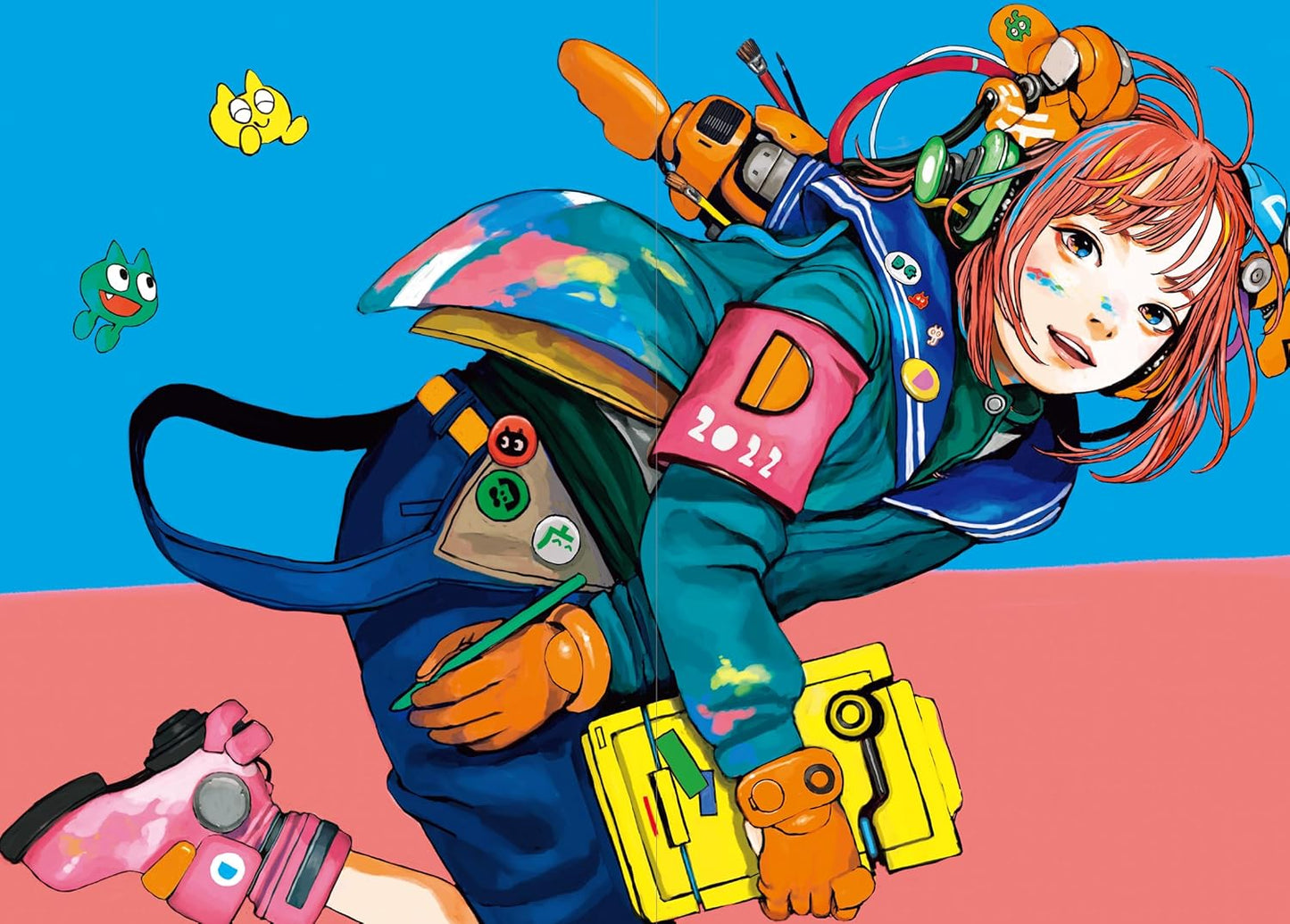 Colorful illustration of a character in a futuristic outfit with a blue sky and pink ground.