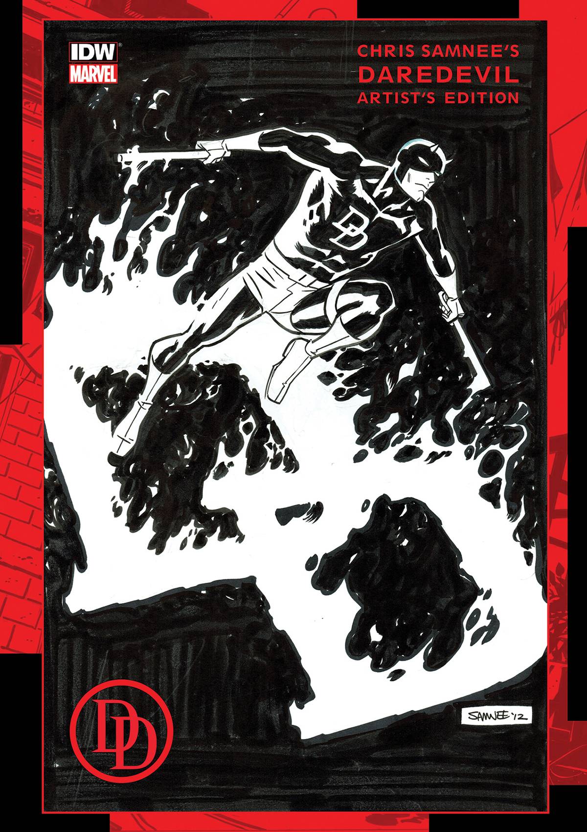 Cover of 'Chris Samnee's Daredevil Artist's Edition' featuring a stylized illustration of the character Daredevil in mid-leap, set against a dark, textured background.