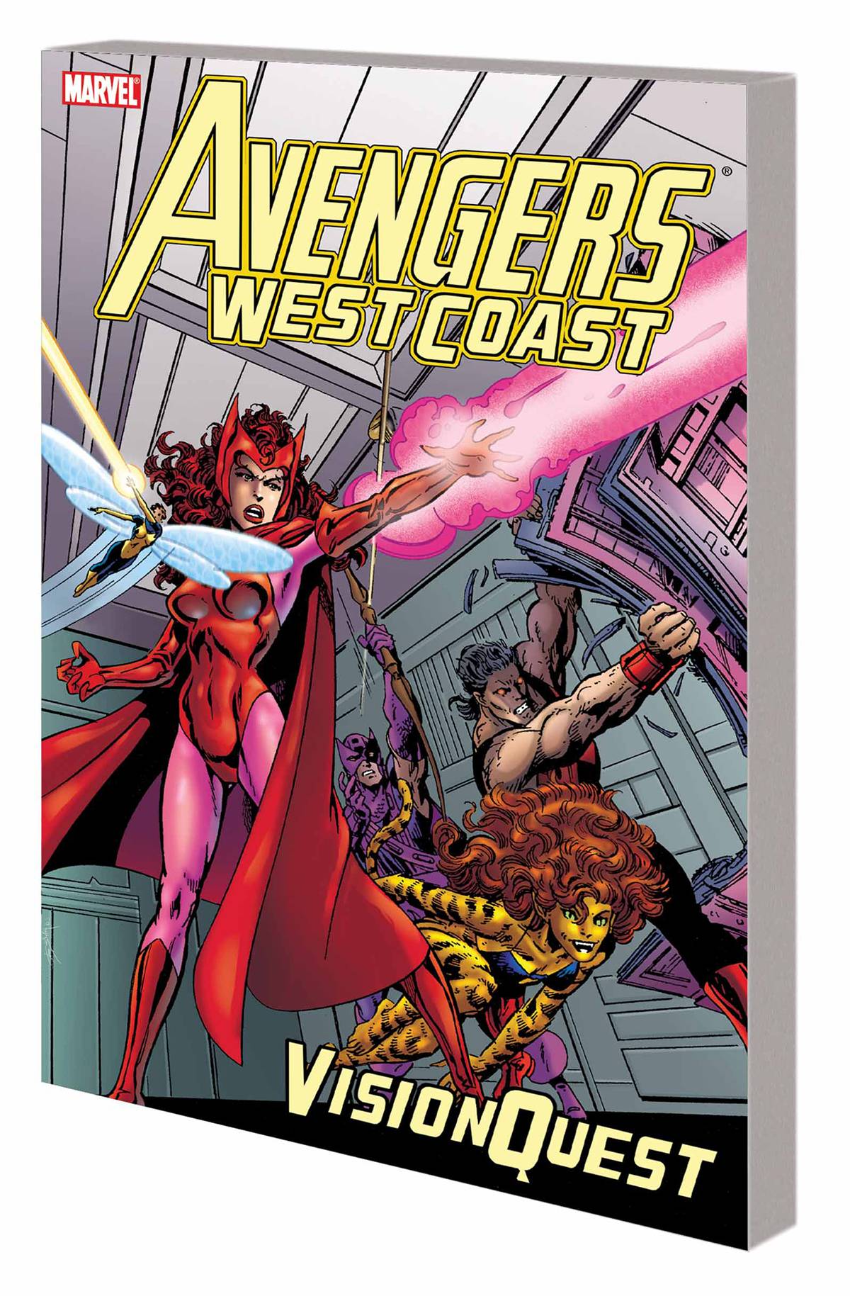 Cover of the comic book 'Avengers West Coast Vision Quest TP' featuring illustrated characters the Scarlet Witch and the Vision from Marvel Comics.